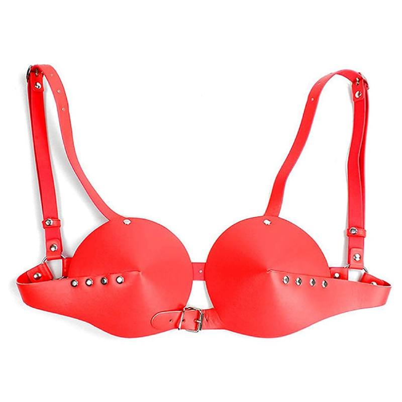 Sexy PU Bra - smooth and metallic stones - red color