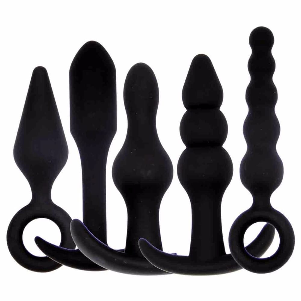Bombada de Prazer kit with 5 anal plug formats - various touch and sensation experiences - black color