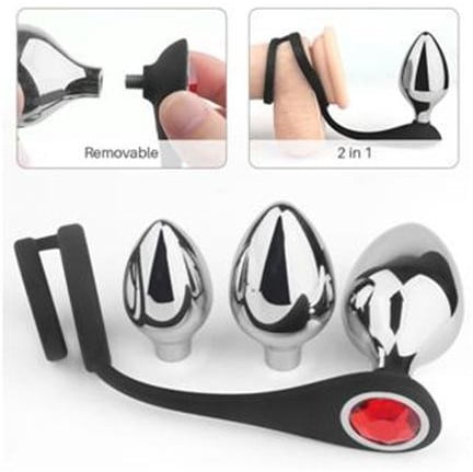 Interchangeable 3 Set Metal B-Plug and Cock ring - unisex anal plug with beautiful red stone