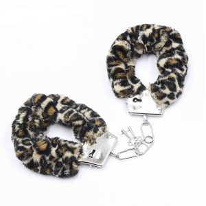 Leopard Print Fur Covered Hand Cuffs & Ankle Cuffs Set BDSM Bed Straps