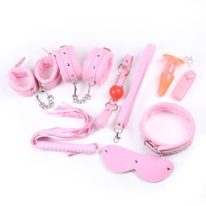 Pink Panther 7 Piece BDSM Set Long Red Leather Whip