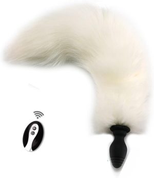 White Fluffy Anal Plug - Super Delicate and Soft - 9 modes of vibration with remote control - 82 x 35 mm bdsm