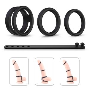 Cock Ring 4 Piece Set Hexagonal Star Silicone Cock Ring Black 52x26mm