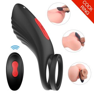 Mens Vibrating Cock Ring Remote Controlled Hexagonal Star Silicone Cock Ring Black 52x26mm