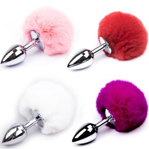 Fluffy Rabbit Tail Butt Plug Medium Size Silicone Inflatable
