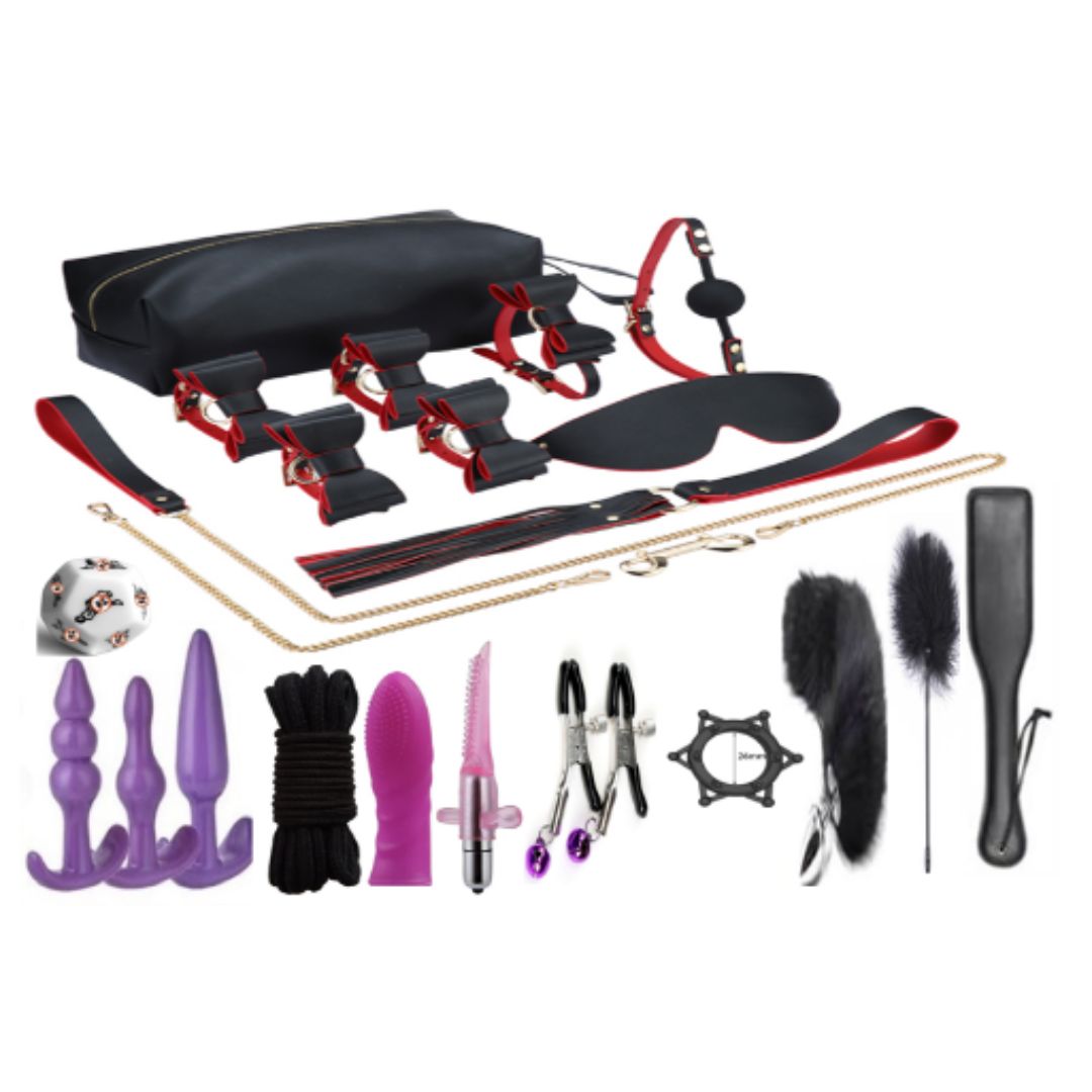 Elegant Kink 21-Piece BDSM Leather Play Set – Red & Black Luxury Kit