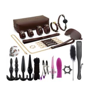 Brown Leather BDSM Collection – 21-Piece Power Exchange and Discipline Kit, Sex Shop, Fantasy Exploration Nighttime Naughtiness