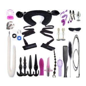 Full 21-Piece BDSM Bondage Set – Black Leather, Metal, and Sensory Delights Nighttime Naughtiness