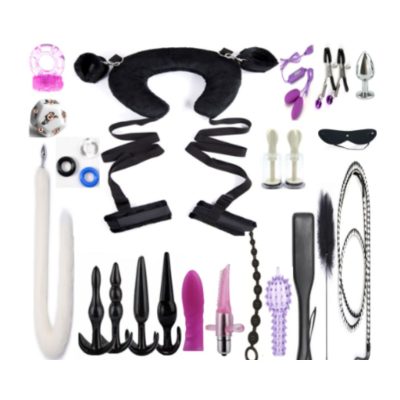 Full 21-Piece BDSM Bondage Set – Black Leather, Metal, and Sensory Delights Double Ended Vibrator